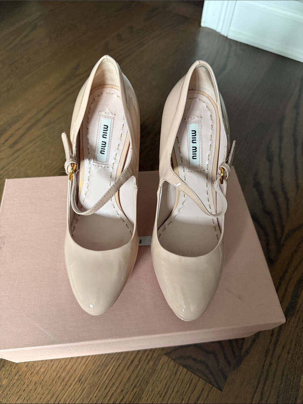 Miu Miu Blush Patent Leather Mary Jane Pumps with Gold Buckle